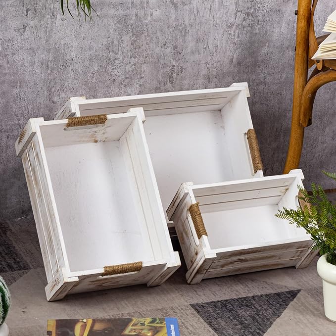TIMRIS Set of 3 Rustic Wood Nesting Crates, Farmhouse Wooden Storage Container Boxes with Cutout Handles, Decorative Wooden Baskets for Display (Whitewash)