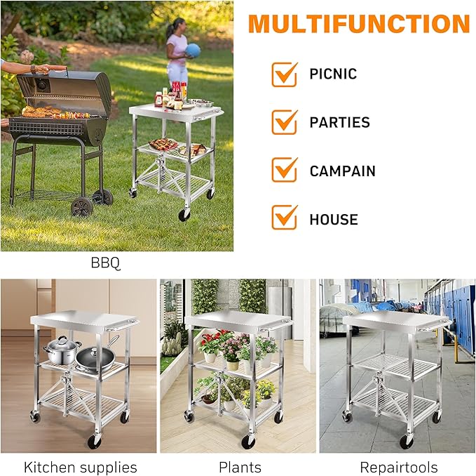 3 Tired Folding Grill Cart, Metal Pizza Oven Stand Table with 2 Total Lock Casters, Stainless Steel Outdoor Rolling Cart with Wheels for Home Party, Bar, Camping