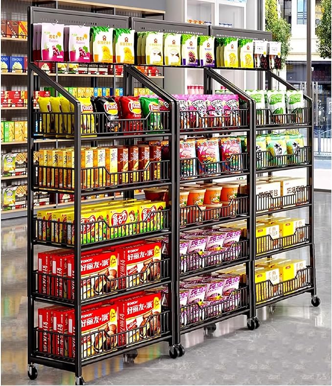 5 Tier Retail Display Rack, Metal Snack Rack with Wheels, 24inch Wide Chip Snack Display Stand with 15 Hooks for Kitchen Office Supermarket, Black
