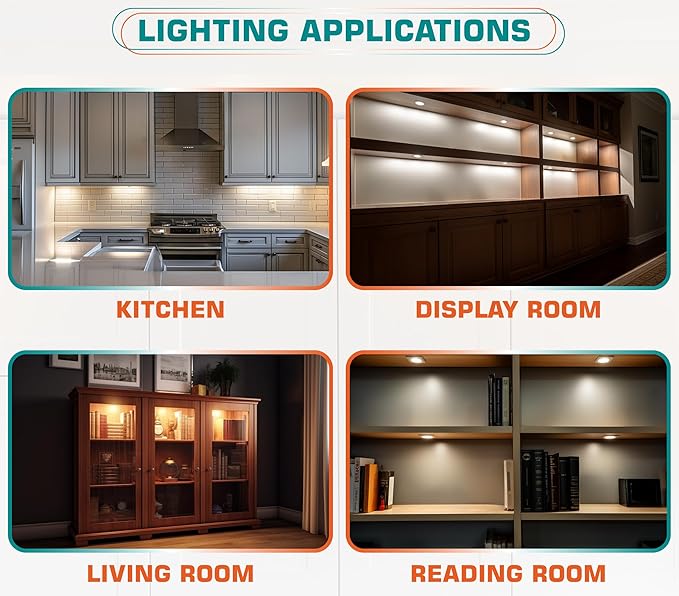 Single Under Cabinet Puck Light, Collection Display Cases Bookshelf Counter LED Lighting, 120V Electric Wired Wall Plug in, On Off Switch, White Cords, 2 Packs, Daylight