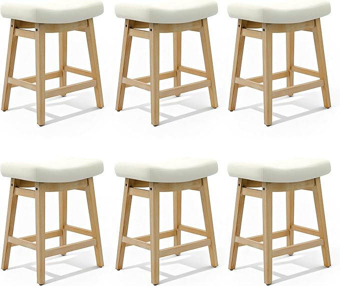 Counter Height Bar Stools Set of 6 for Kitchen Counter Backless Farmhouse Kitchen Island Barstools with Upholstered Faux Leather Saddle Seat and Solid Wood Legs Modern 24 inch Bar Chairs, White