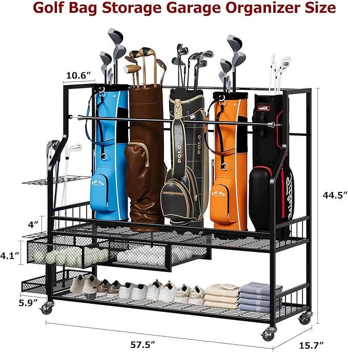 PeakPursuit Golf Bag Organizer and Storage Rack Stand Holder Fits Golf Club Bags and Multiple Golfing Equipment Accessories, Storage Rack with Drawers and Wheels for Indoor/Outdoor Garage, Clubs