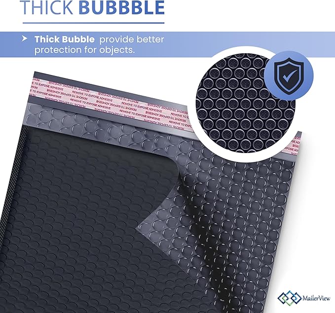 Black Poly Bubble Mailers 7.25x12 inch #1 | Self Seal Padded Envelopes | Cushioned Bubble Mailer | Usable Size 7.25x11 | WaterProof | Lightweight mailing Shipping Bags | 100 Pack Bulk | Made in USA