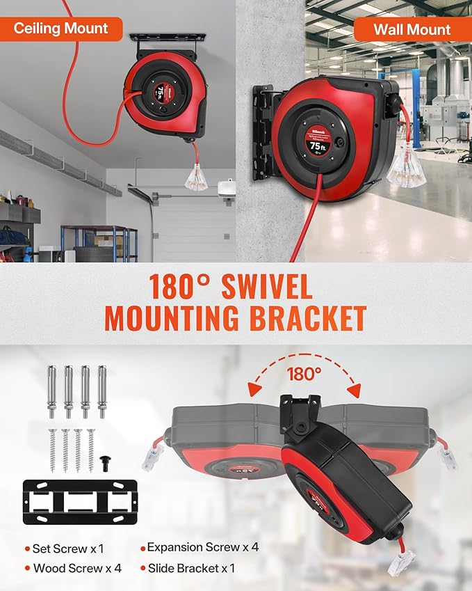 Retractable Extension Cord Reel, 75 FT Heavy Duty Extension Cord, 14AWG/3C SJTOW, 3 Grounded Outlets Lighted Triple Tap, 10A Circuit Breaker, Wall/Ceiling Mounted, UL Listed, Red R75CR06