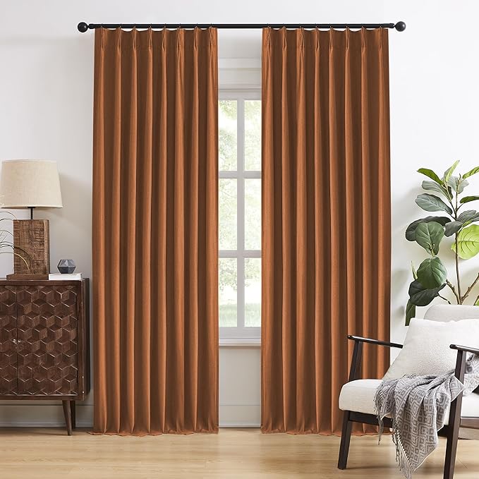 DUALIFE Pinch Pleatd Blackout Curtains 92 Inches Long, Boho Linen Rustic Copper Color Retro Room Darkening Privacy Curtains Drapes with Hooks for Living Room Bedroom 2 Panels Terra Cotta Rust 50x92