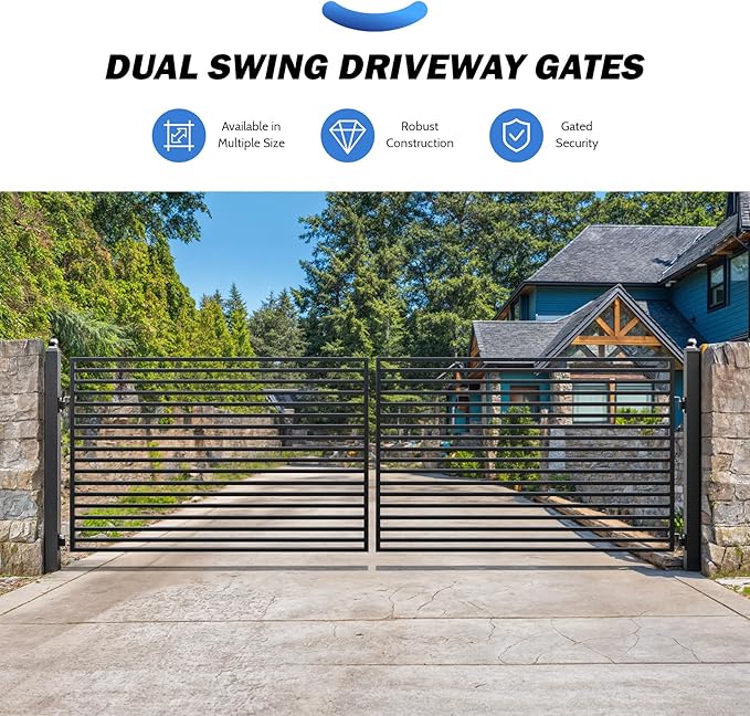 ZUMI Dual Swing Driveway Gate, 16x6 ft. Outdoor Steel Fence for Home Security, Heavy-Duty Weatherproof Iron Kit, Brooklyn Style