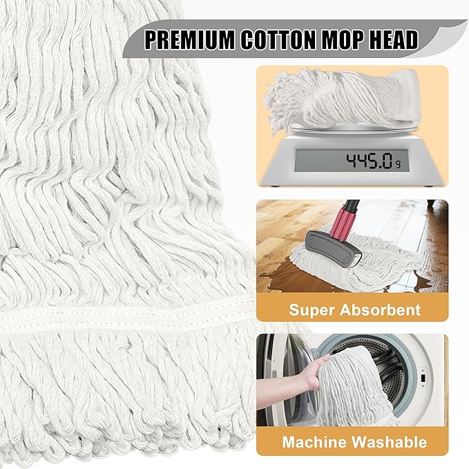 Commercial Mop Head Replacement - 2 Pack Heavy Duty Cotton Heads for Floor Cleaning - Washable Looped End String Mop Refill for Home Kitchen Industrial