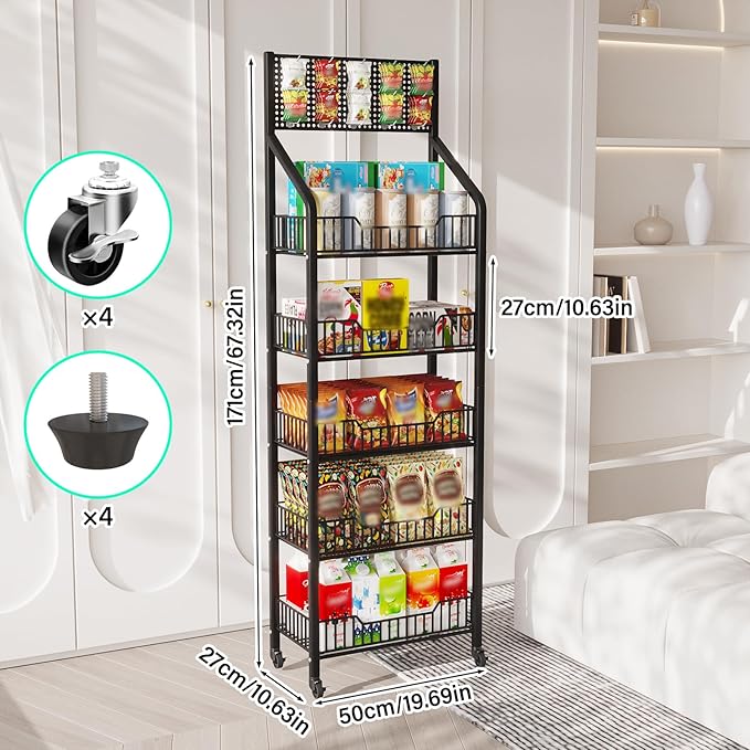 Snack Rack Display Stand, 5 Tier Metal Retail Candy Display Rack with Wheels, Removable Bread Organizer Stand with 10 Hooks, Snack Organizer for Stores, Living Room, Kitchen, Office (Black)