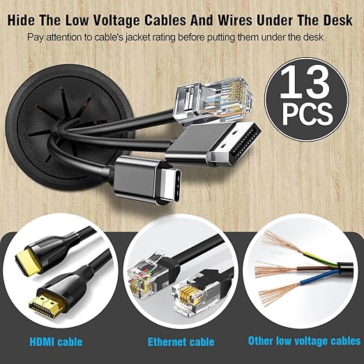 2" Black Desk Grommet, JTemgle Flexible Cable Grommet with Bi-Metal Hole Saw Plastic Cable Hole Cover Wire Organizer Caps Desktop Cord Management for Home Office TV Stands Tabletops, 13 Pieces