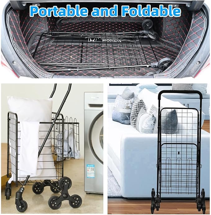 Folding Shopping Cart, Heavy-Duty Stair-Climbing Grocery Cart with 360° Swivel Wheels - Extended Foam Handle - Utility Trolley for Laundry, Travel, Shopping