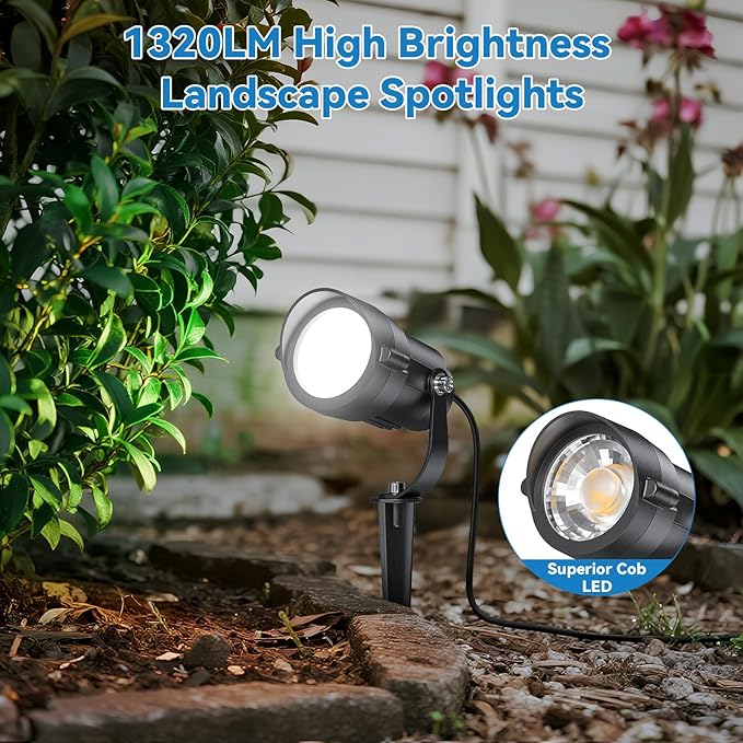 HIBOITEC 12W Spot Lights Outdoor 120V Landscape Lighting Waterproof Spotlight with 4.9ft 3-Plug LED Plug in Landscape Lights for Yard Gardern Decorations 5000K 2Packs