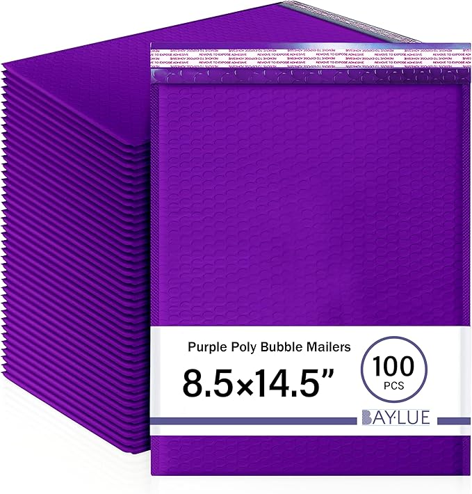 Purple 8.5x14.5 Inch Poly Bubble Mailers #3 | Self Seal Large Padded Envelopes | Air Cushioned Bubble Mailer | Usable Size 8.5x13.5 Inch | Waterproof Lightweight Mailing Shipping Bags | 100 Pack Bulk