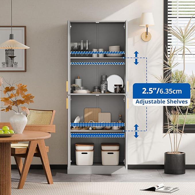 Cozy Castle Kitchen Pantry Cabinet, 71" Tall Wood Storage Cabinet with Doors and Shelves 4 Doors Freestanding Cupboard for Dining Room Living Room Bathroom Furniture, Gray