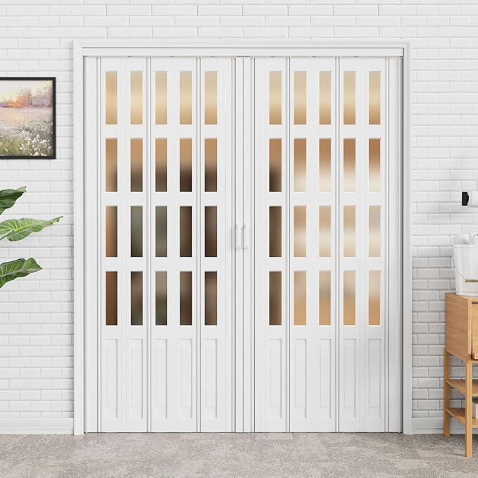 73-96 x 80in (Double 37-48) Accordion Doors Interior Folding Door, 4 Frosted Acrylic Glass White PVC Accordion Door with Upgraded Roller & Handle& Complete Hardware for Closet Bathroom Doorways