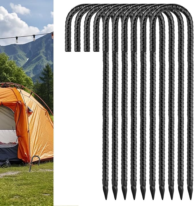 Black Rebar Stakes 12 inch (10pcs) - Heavy Duty 6mm Metal J Hook Ground Stakes,Galvanized Steel for Tent,Bounce House,Fence,Dog Coop,Artificial Turf,Outdoor Plants,Christmas & Holiday Decorations
