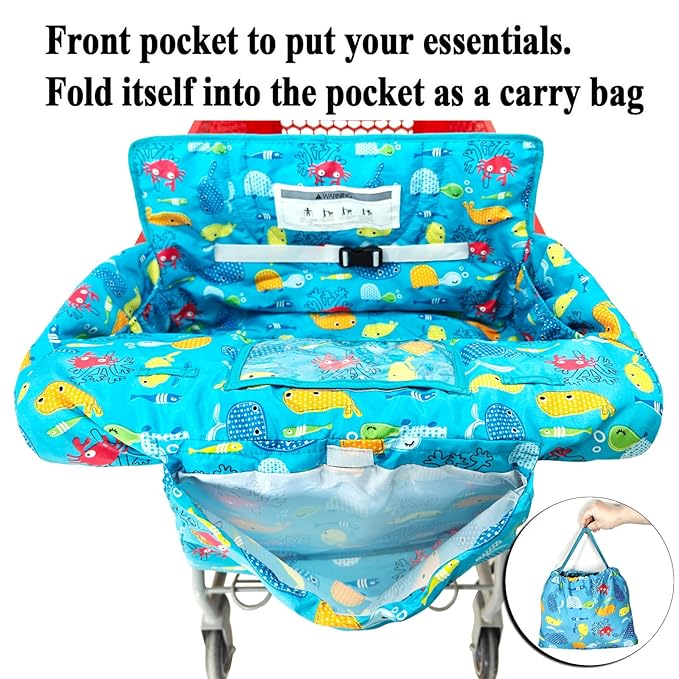 2-in-1 Shopping Cart and High Chair Cover for Baby, Padded Cover, Fold'n Roll Style, Portable with Carry Bag (Blue Seaworld)