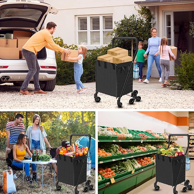 Folding Shopping Cart with Waterproof Liner, Heavy-Duty Stair-Climbing Grocery Cart with 360° Swivel Wheels - Extended Foam Handle - Utility Trolley for Laundry, Travel, Shopping (Black)