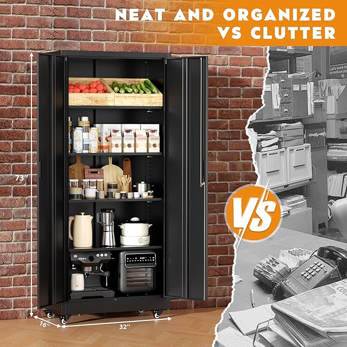 Greenvelly 73" Storage Cabinet with Wheels,Metal Rolling Garage Cabinet with Locking Doors and 4 Adjustable Shelves for Home,Kitchen,Office,Warehouse(32" W x 16" D)