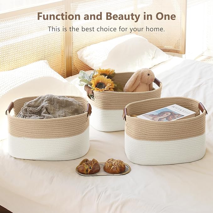 Cotton Rope Storage Baskets,15x10x9 in,Foldable Storage Bins, Decorative Woven Basket Cube Storage Organizer for Laundry, Towel, Clothes (White/Beige-3Pack, 15x10x9 inches)