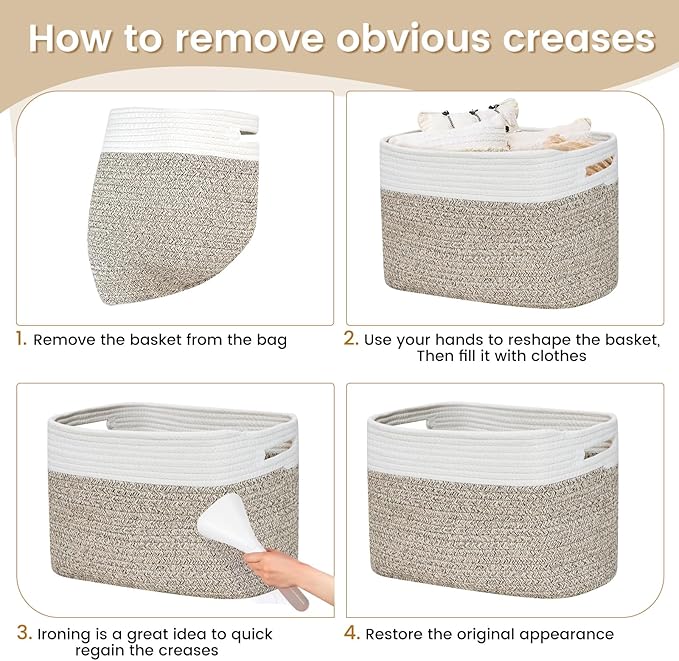 Shelf Woven Storage Basket, 15 x 10 x 9” Closet Rope Baskets For Organizing, Square Bins with Handles, White+Rice Brown 1 Pack