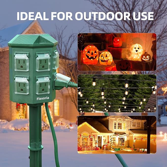 Outdoor Power Strip Waterproof, 20 FT Extension Cord, 6 Grounded Outlets for Christmas Decorations and Inflatables, 15A/1875W, ETL Listed