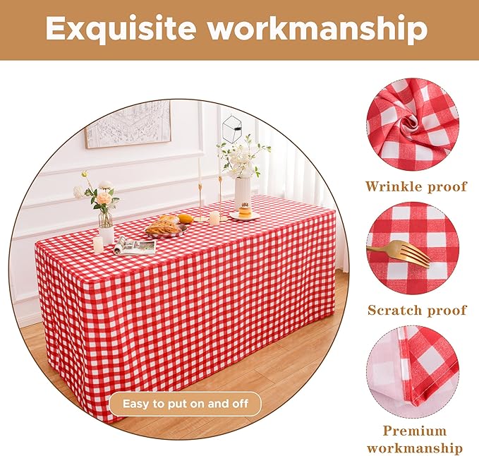 HolidayIdeas 2 Pack Checkered Fitted Table Clothes - 48 x 24 Inch - Rectangle Tablecloths for 4 Foot Tables, Buffalo Plaid Table Covers for Party, Picnic, Trade Show (Red and White)