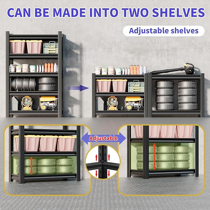 Metal Garage Shelving Unit,78"H Heavy Duty 5-Tier Adjustable Storage Rack,15.7"D x 40"W x 78"H Steel Shelving,3000 lbs Industrial Shelves for Heavy Tools and Equipment,Ideal for Garage, Basement,Black