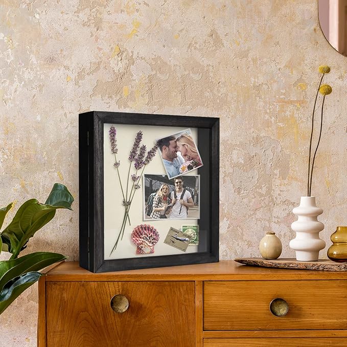 TJ.MOREE Flowers Shadow Box Display Case Large Shadow Box Frame with Glass Window Door Picture Frame Wedding Bouquet Memorabilia Medals Photos Memory Box for Keepsakes - (Rustic Black, 11 x 11 )