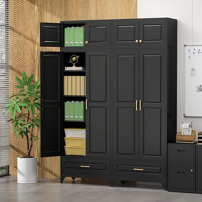 90" Kitchen Pantry Cabinet with Drawer, Metal Storage Cabinets with Doors and 4 Adjustable Shelves,Black Kitchen Cabinet with 2 Gold Handles,Food Cupboard for Livingroom,Pantry