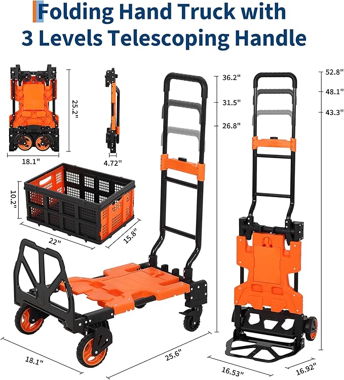Garvee Folding Hand Truck, 330 LB Heavy Duty Dolly Cart with Foldable Basket, Portable Folding Hand Cart with Bungee Rope, Rubber Wheels and Retractable Handle for Luggage, Moving, Office, Orange