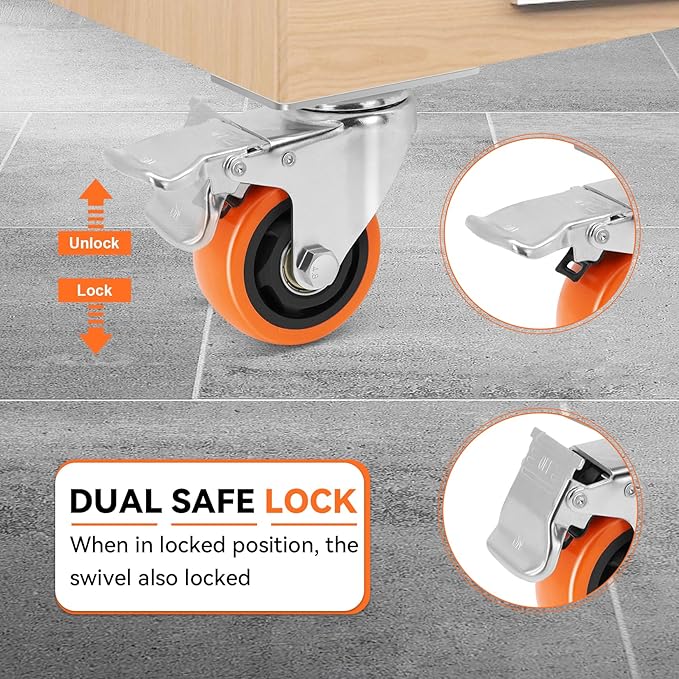WBD WEIBIDA 3 Inch Swivel Caster Wheels with Brake, Safety Dual Locking Casters Set of 8 Heavy Duty Plate Casters, Premium Polyurethane Wheels for Furniture and Workbench((Screws and Spanner)