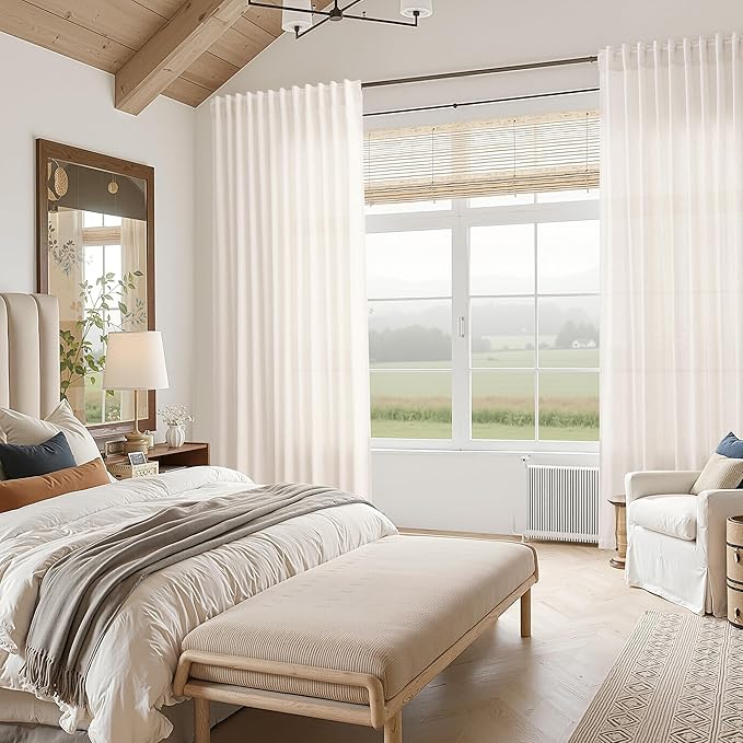 Ivory White Semi Sheer Linen Curtains 90 inch for Living Room Back Tab Rod Pocket Ivory White Cotton Textured Gauze Curtain Modern Farmhouse Coastal Decor 90 inches for Dining Room Office