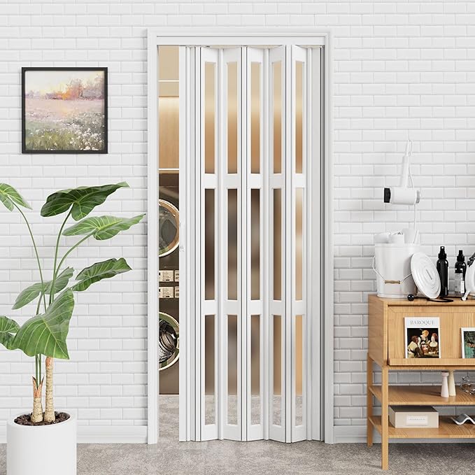 24-36 x 80in Accordion Doors Interior Folding Door, White PVC Accordion Door with 3 Frosted Acrylic Glass with Upgraded Roller & Handle & Complete Hardware, for Closet Bathroom Doorways