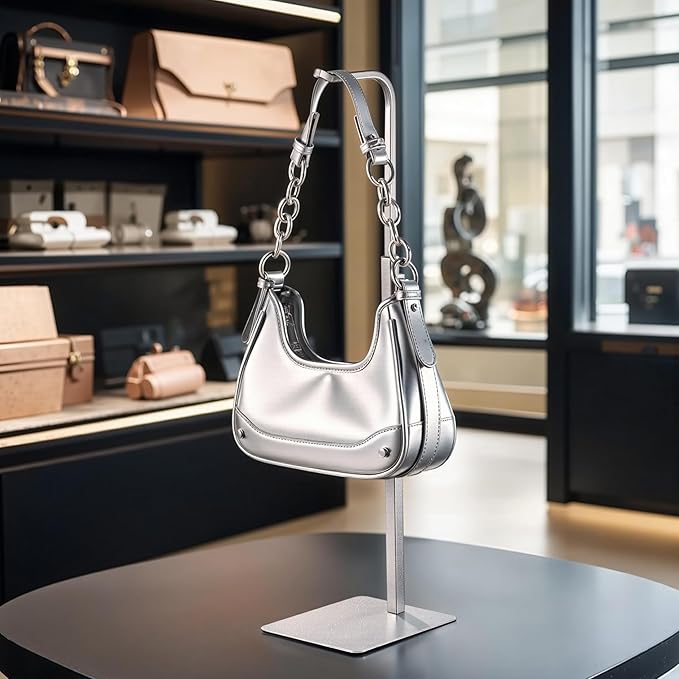 Purse Holder Handbag Display Stand: Silver Hanger Rack for Bags, Purses, and Wreath, Adjustable Hook Stand for Tabletop, Closet, and Retail Use for Vendors