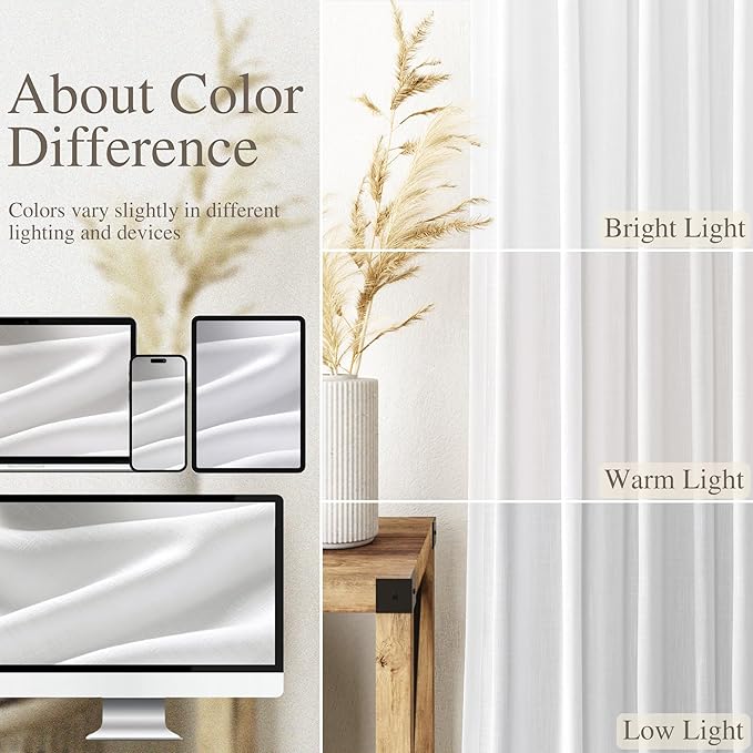 Nanspring White Extra Long Curtains for Dinning Room 117 Inches Long 2 Panels Set Back Tab Rod Pocket Light Filtering Semi Sheer Drapes Linen Textured Window Curtain for Bedroom 52x117
