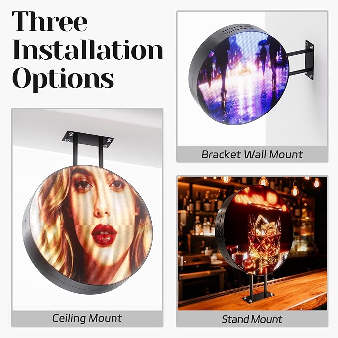 P2.5 Round Double-Sided LED Store Sign Programmable, Waterproof Full Color Custom Digital Display Screen, Video, Image, Text Signage Panel Board for Outdoor Business Advertising 20" Black