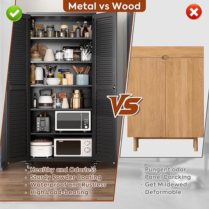 Aobabo 71H''*32''W*16''D Metal Garage Storage Cabinet with Wheels,5 Adjustable Shelves Steel Storage Cabinets for Home,Warehouse,Garage,Assembly Required,Black