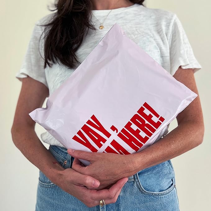 Poly Mailers 14x19 – 100 Pack – Cute Printed Recyclable Shipping Envelopes for Small Business Packaging, Self Sealing Mailing Bags – Yay I’m Here Pink/Red Design