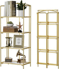 Crofy No Assembly Folding Bookshelf for Living Room, 4 Tier Gold Collapsible Book Shelf for Home Office, Portable Bookcase Storage Organizer