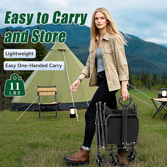 Collapsible Wagon Cart Foldable 120L 360lbs Capacity, Lightweight Portable Beach Wagon, Shopping Carts with Wheels for Grocery, Camping, Shopping, Garden Cart