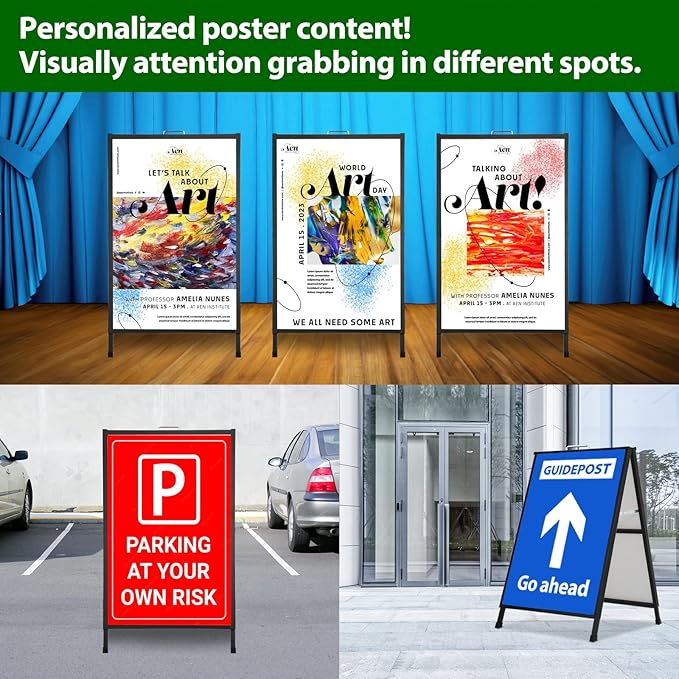 A Frame Sidewalk Sign 24 x 36 Inch Outdoor, Double-Sided Folding Sandwich Board with Handle, Heavy Duty Metal Slide-in A-Frame for Business, Advertising, Party, with 2 Plastic Boards
