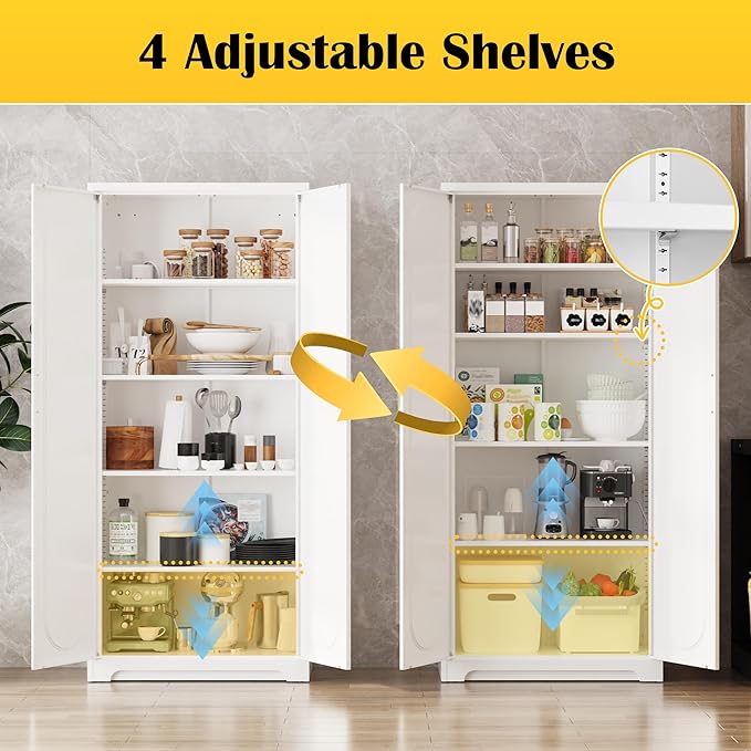 Kitchen Pantry Cabinet,71”Metal White Storage Cabinet with Doors and Shelves,Tall Cabinet with 2 Gold Hands for Dinning Room,Living Room