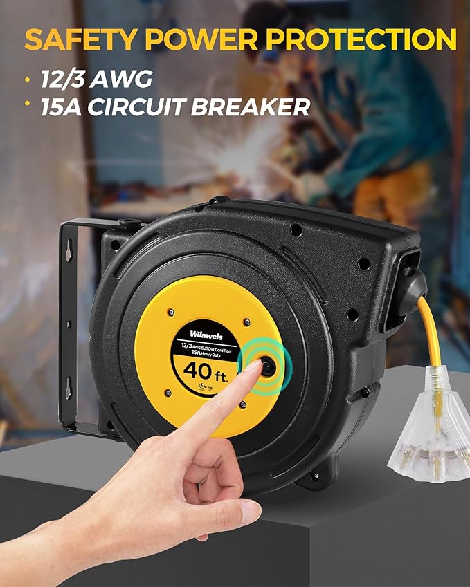 Retractable Extension Cord Reel, 40 FT Heavy Duty Power Cord, 12AWG/3C SJTOW, 3 Grounded Outlets Lighted Triple Tap, 15 Amp Circuit Breaker, UL Listed, Yellow Y40CR06