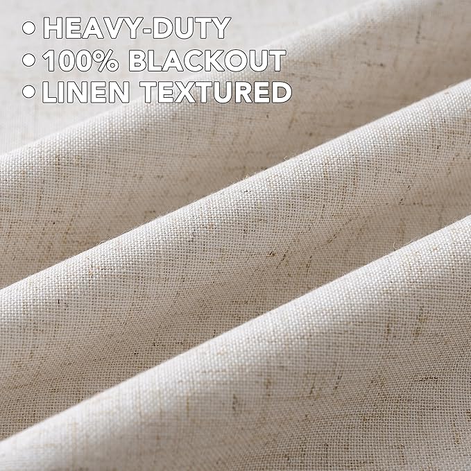 H.VERSAILTEX Linen Curtains 100% Blackout Curtains for Bedroom 102 inch Long Full Light Blocking Nature Linen Blended Window Curtains for Living Room Nickel Grommet (2 Panels, Heathered Natural)