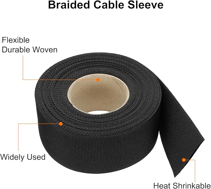 MECCANIXITY Braided Cable Sleeves Heat Shrinkable Fabric Sleeving, 1 3/8" 33ft Black 2:1 Ratio Heat Shrinkable Cord Protector for Harness Cable, Network Cable Protection, Cable Management