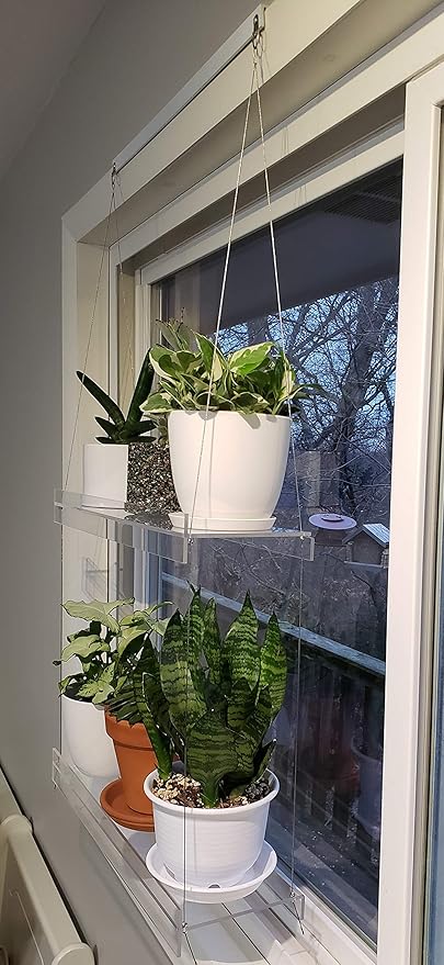 Hanging Acrylic Shelves for Windows (16" Wide, 1 Shelf - 26" Tall)