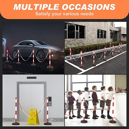 6 Pack Traffic Delineator Post Cones with Fillable Base, Adjustable Plastic Safety Barrier Outdoor and Indoor Crowd Control Stanchion with 5Ft Plastic Chain for Delineator Poles (Red+White)