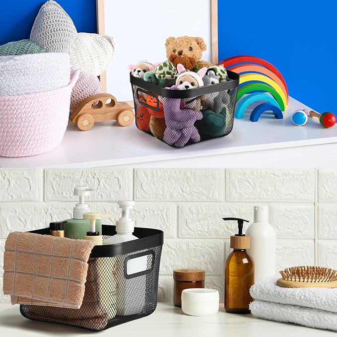 1 Pack Metal Mesh Basket with Hollow Handles Black Wire Storage Bin for Organizing Stackable Metal Fine Mesh Basket for Pantry Bathroom Kitchen Cabinets Shelves (Medium)