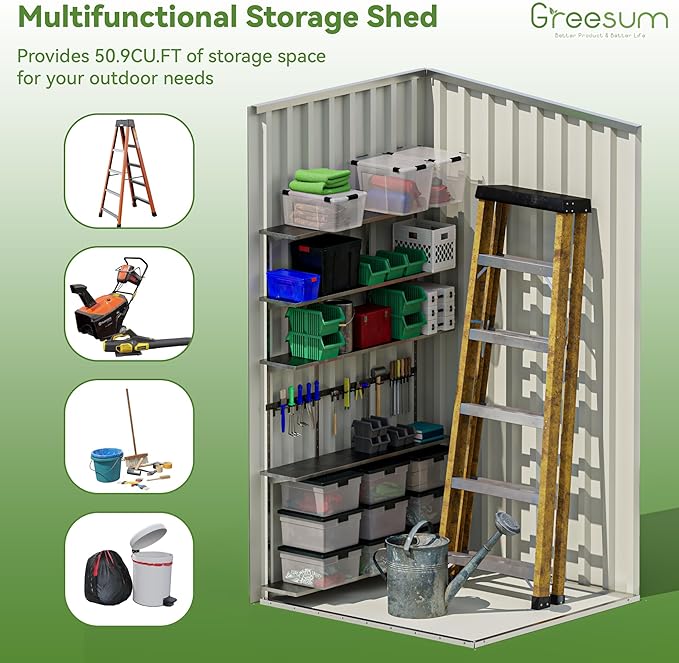 Greesum 3×3FT Outdoor Storage Shed, Metal Sheds with Sloping Roof and Lockable Single Door, Steel Tool Shed for Backyard, Bike, Patio, Garage, Lawn, Dark Gray