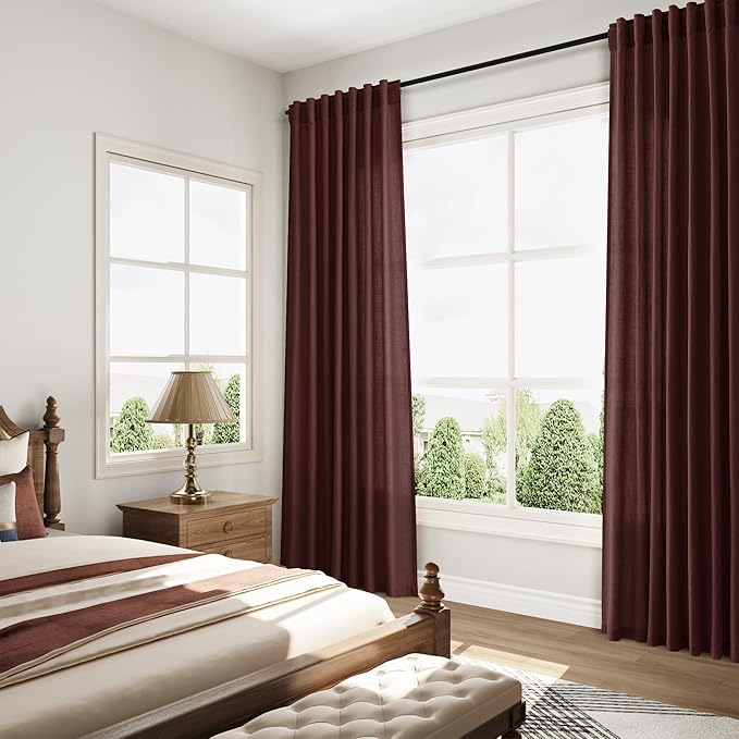Nanspring Reddish Brown Linen Blend Light Filtering Back Tab Curtains 84 Inches Long, Semi Sheer Privacy Drapes for Living Room & Bedroom Simple Style, 52x84 inch, 2 Panels